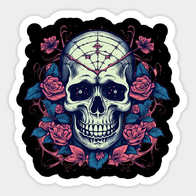 Dark Skull With Spider Webs and Flowers Sticker by TOKEBI
